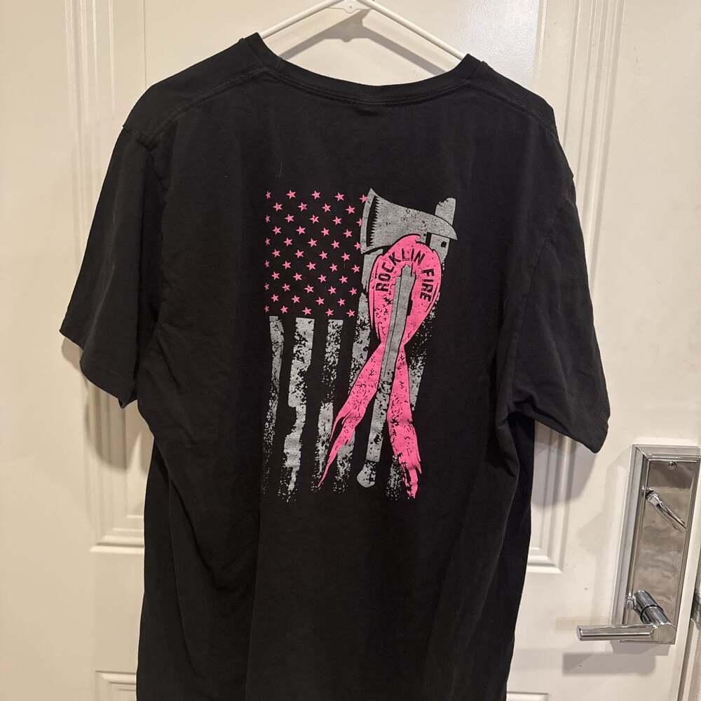 Shop4Ever Men's Pink Breast Cancer Ribbon American Flag Graphic T-shirt